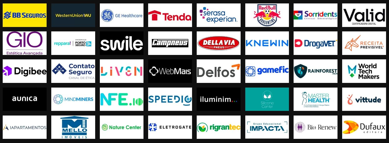 Logos de clientes atendidos por Rodolfo Sabino - BB Seguros, Western Union, GE Healthcare, Serasa Experian, Red Bull, Valid e outros